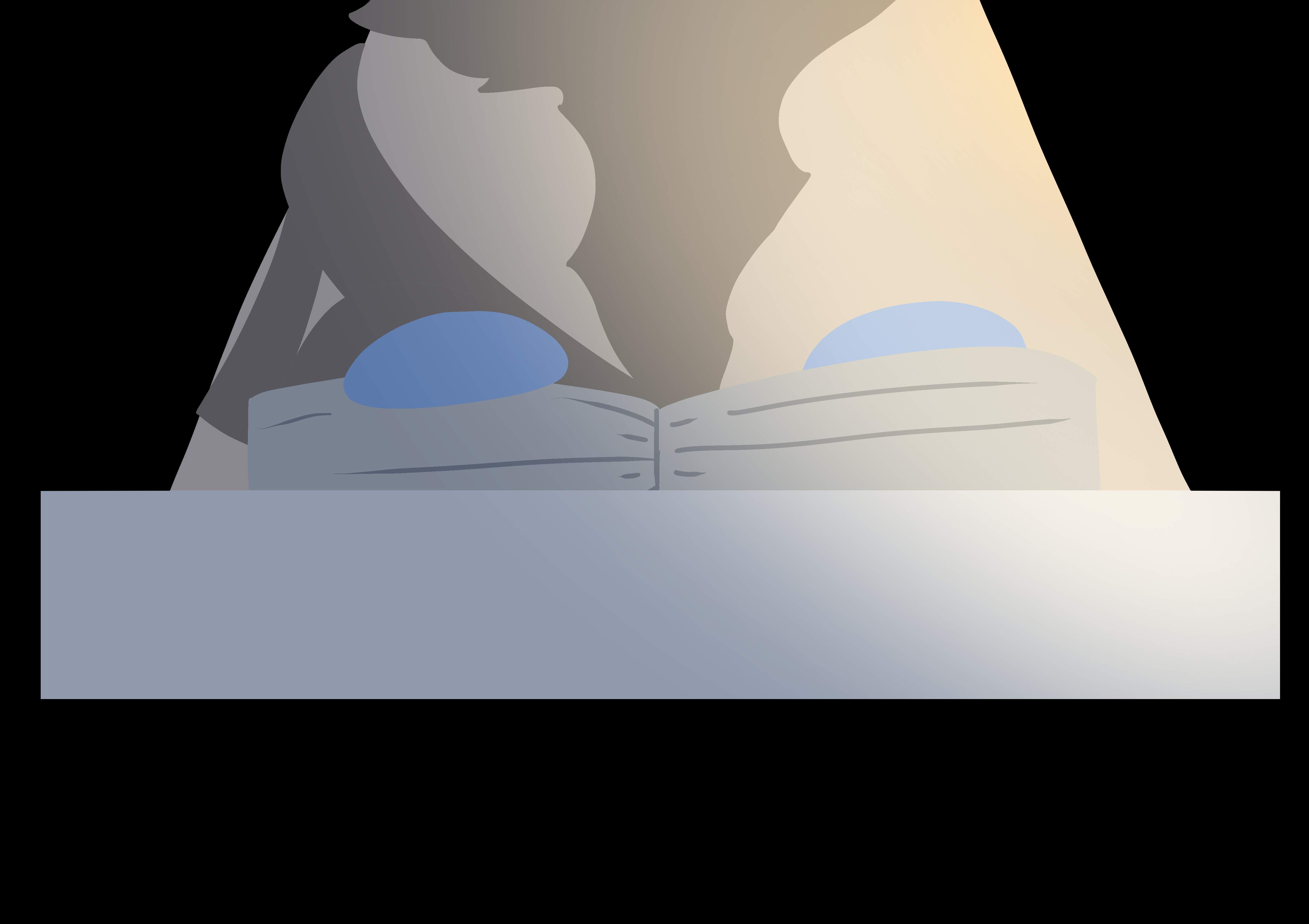A figure with blue hands wearing a tan coat is reading a book at a table.